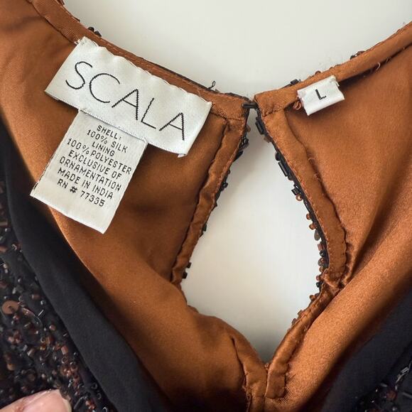 Scala Black Brown Top Sz. Lg Beaded 100% Silk Lining Y2K Evening Boho - Picture 4 of 5